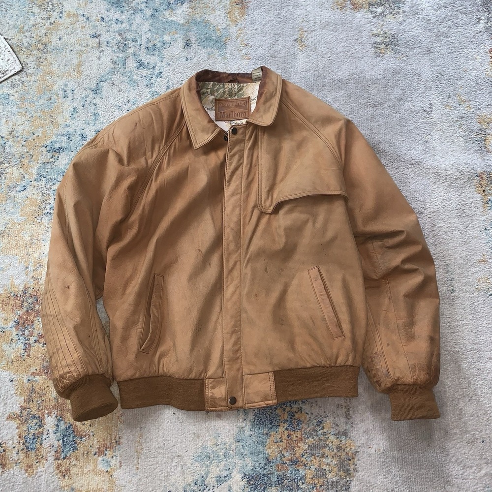 VTG Marlboro Adventure Team Genuine Leather Jacket Mens L Brown Map Lined 1990's - Picture 8 of 8